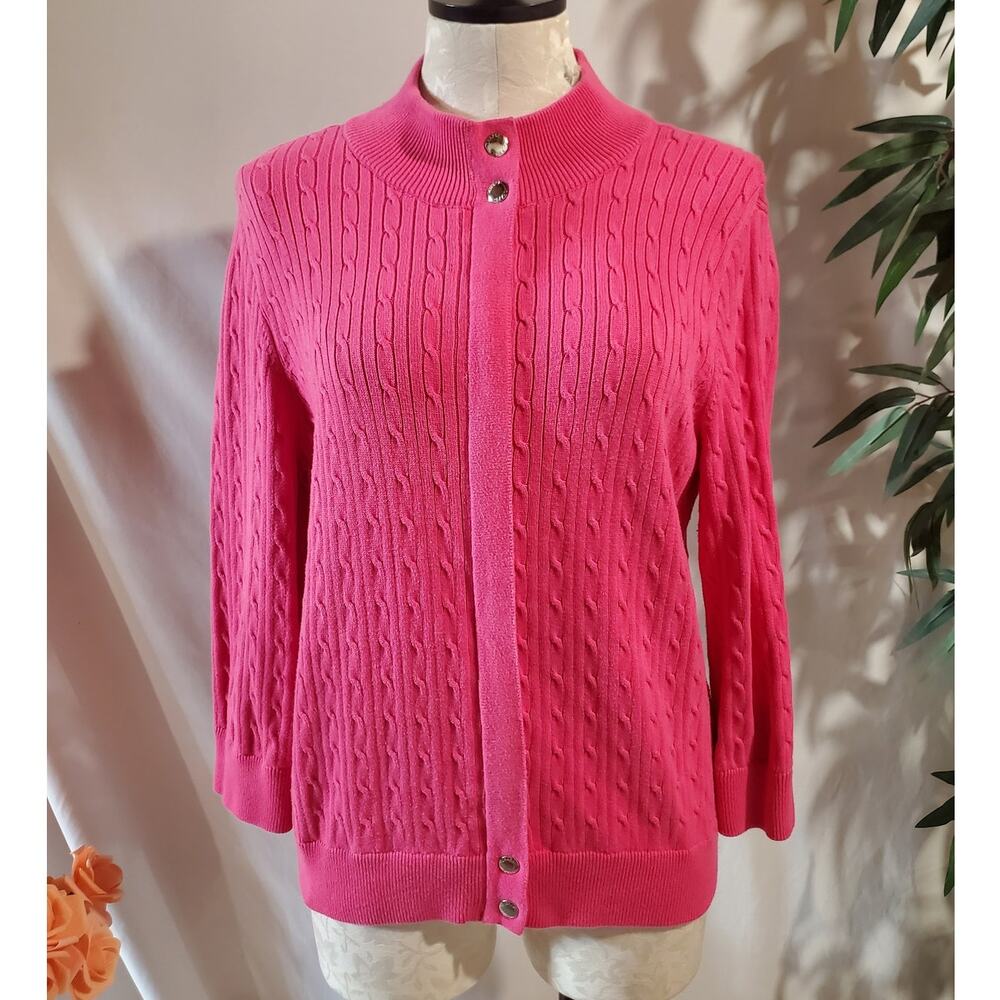 Chaps x Ralph Lauren Beverly Hill Cable Knit Zip Sweater Size L Hot Pink Preppy
